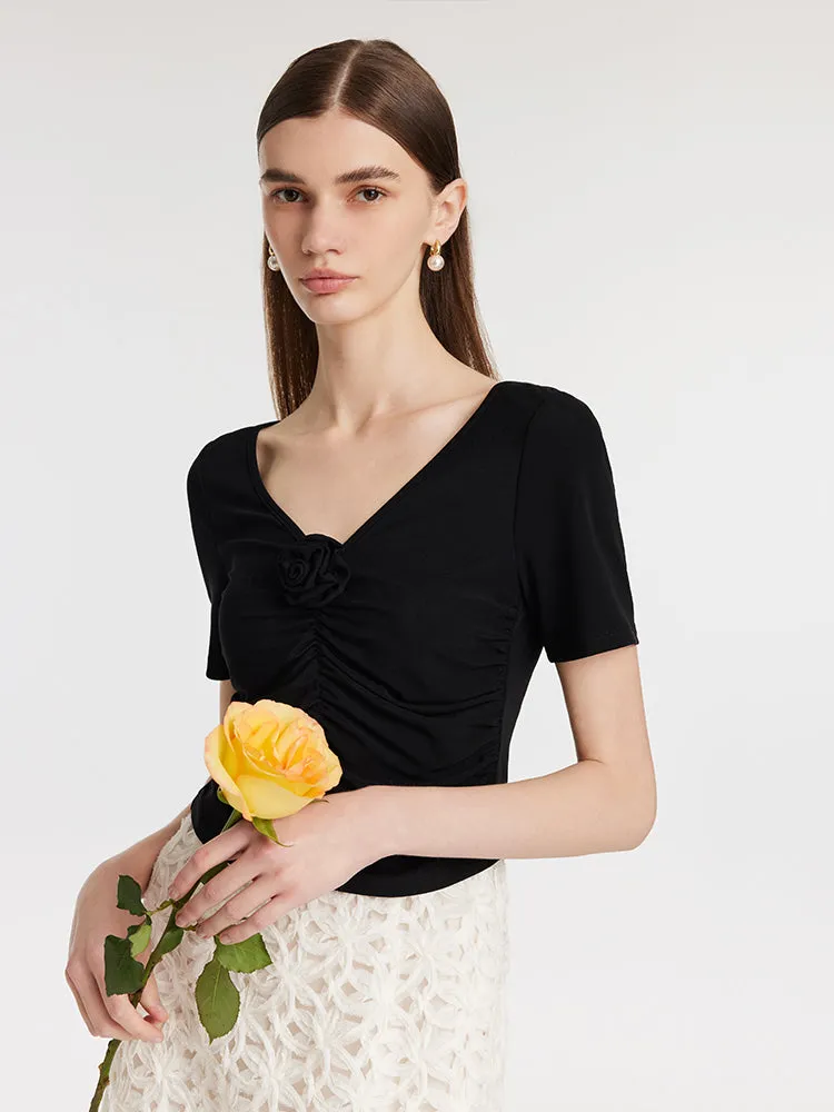 Ruched Women Knitted Top With Detachable 3D Rose