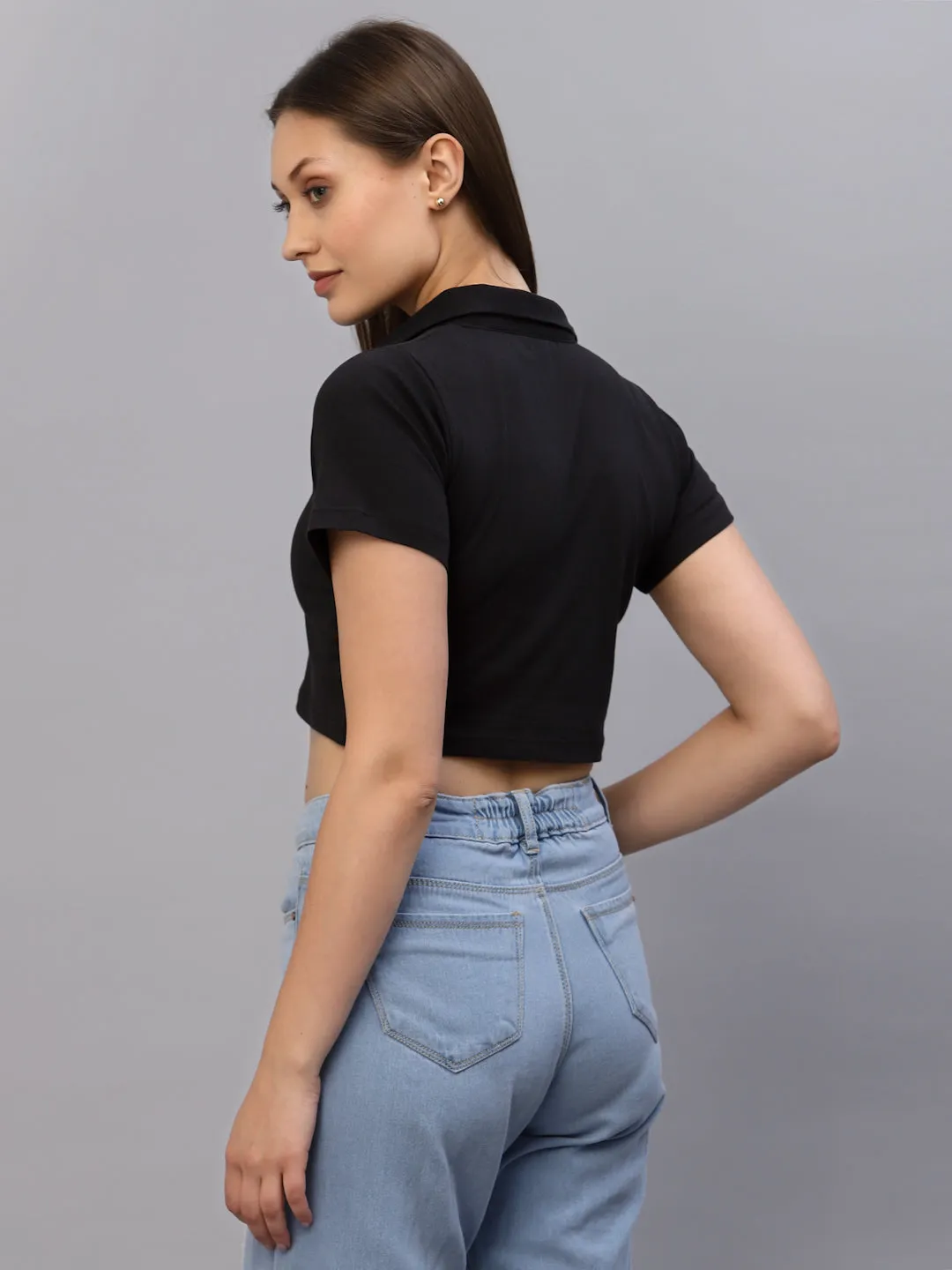 Self Texture Collared Crop Top