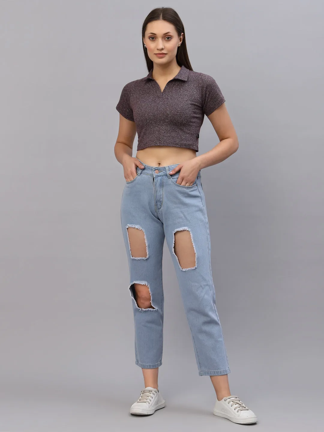 Self Texture Collared Crop Top