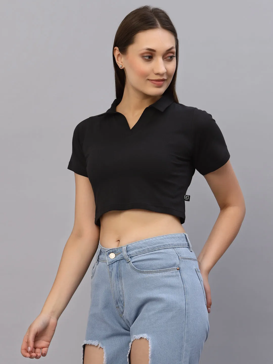 Self Texture Collared Crop Top