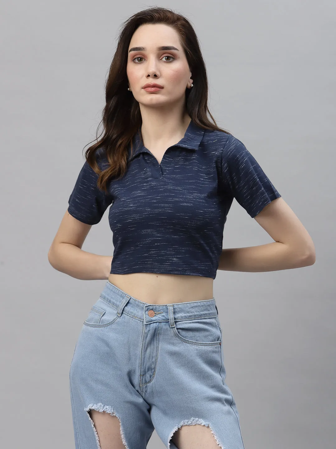 Self Texture Collared Crop Top