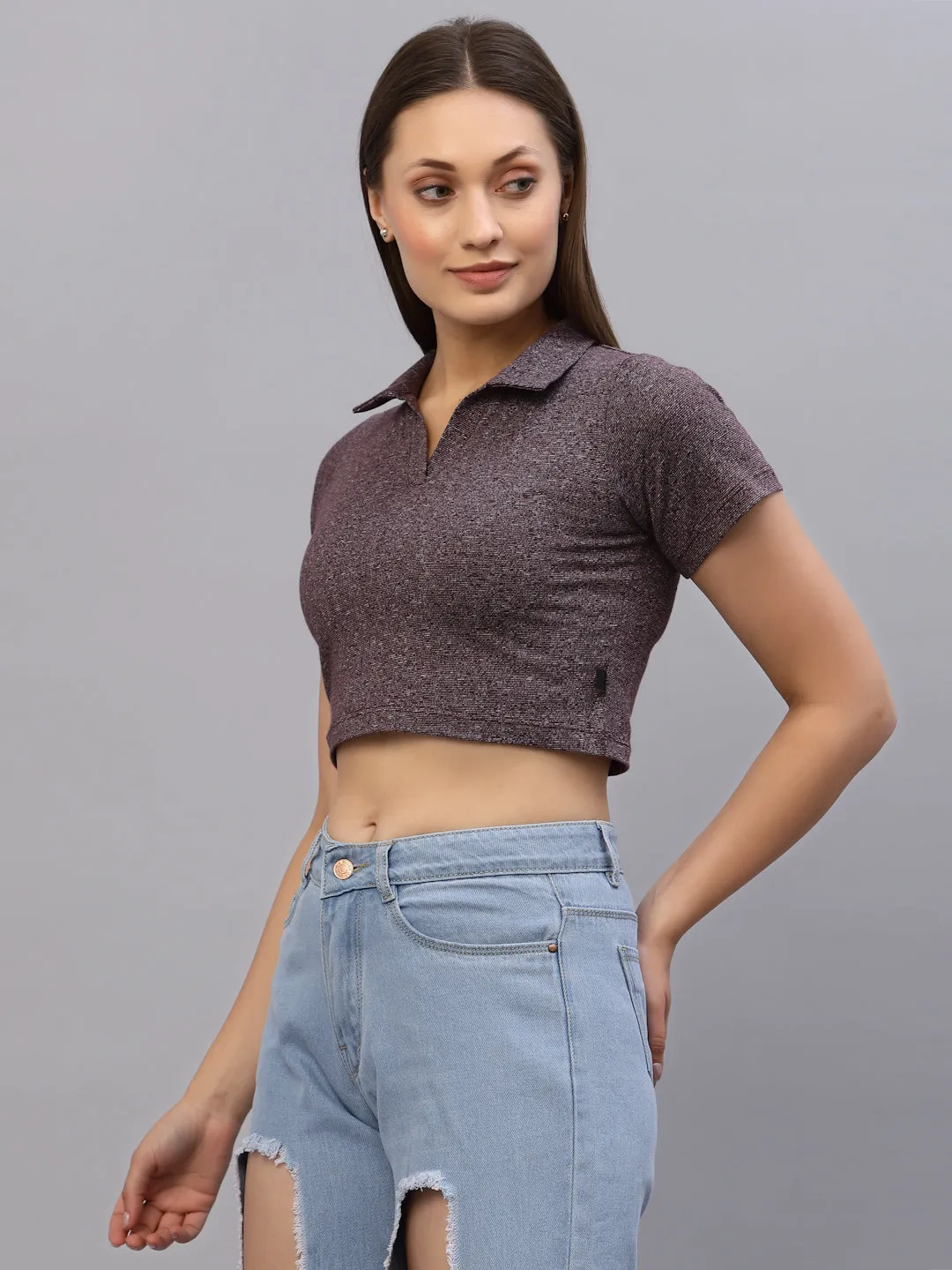 Self Texture Collared Crop Top