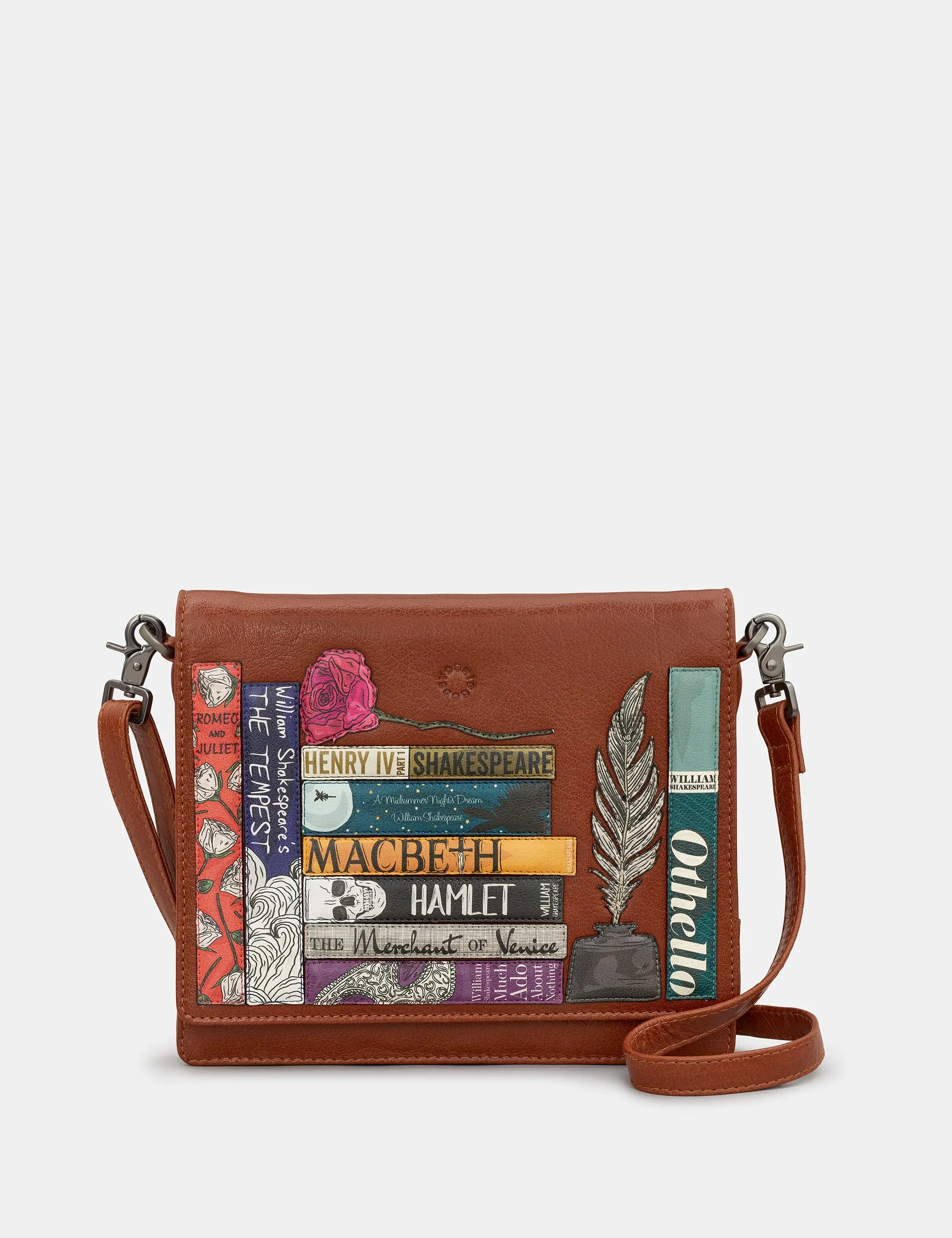 Shakespeare Bookworm Brown Leather Flap Over Cross Body Bag