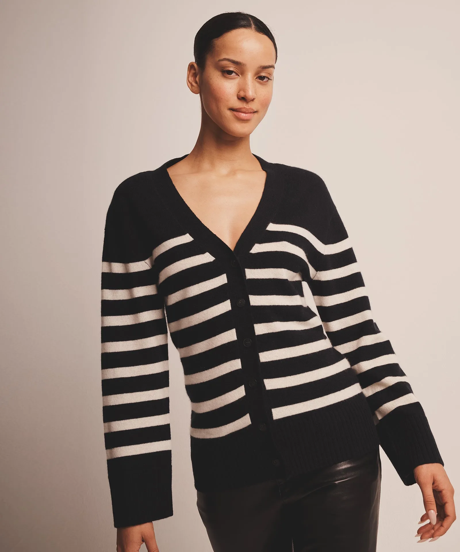 Premium Striped Cashmere Fitted Cardigan - Signature Collection