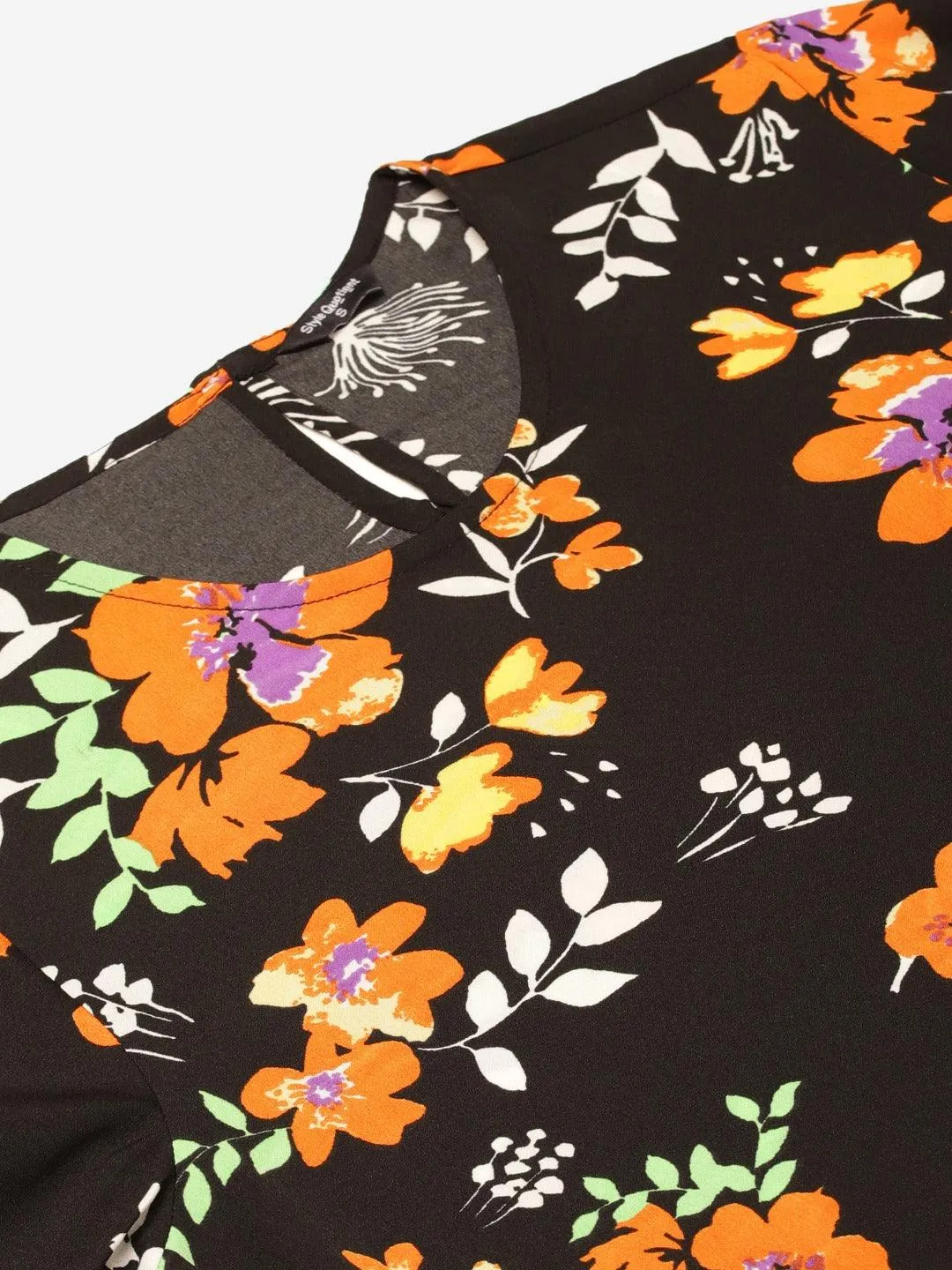 Style Quotient Women Black And Multi Floral Printed Polyester Smart Casual Top