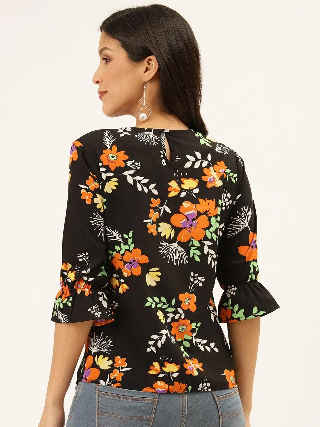 Style Quotient Women Black And Multi Floral Printed Polyester Smart Casual Top