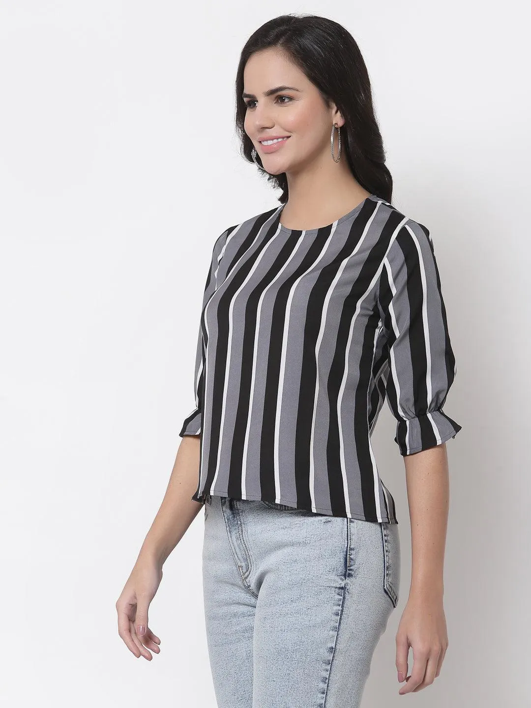 Style Quotient Women Black and Multi Stripe Printed Polyester Smart Casual Top