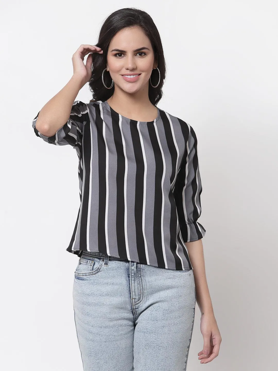 Style Quotient Women Black and Multi Stripe Printed Polyester Smart Casual Top