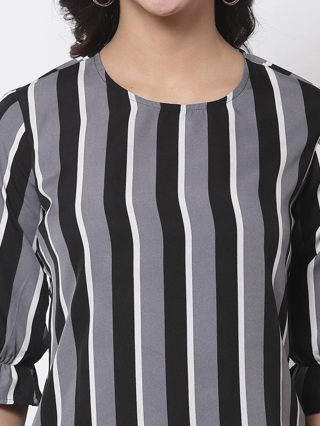 Style Quotient Women Black and Multi Stripe Printed Polyester Smart Casual Top