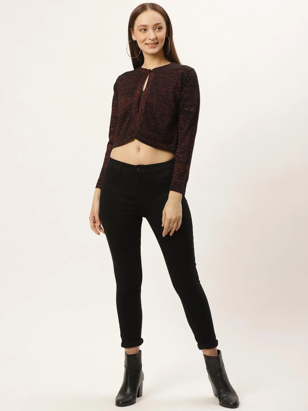 Style Quotient Women Black And Red Shimmered Smart Casual Crop Shrug