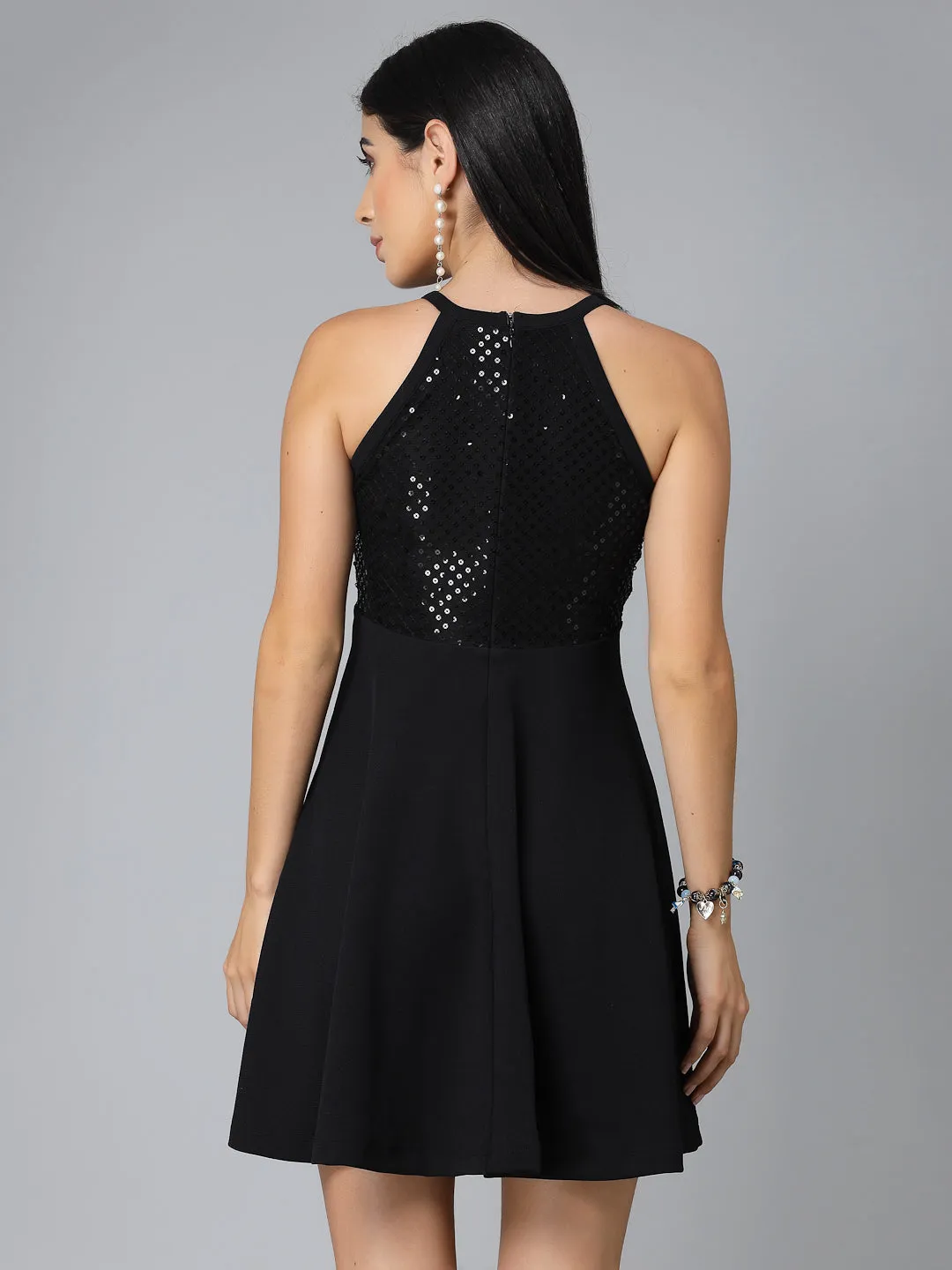 Style Quotient Women Black Embellished Poly Knit Fit And Flare Dress