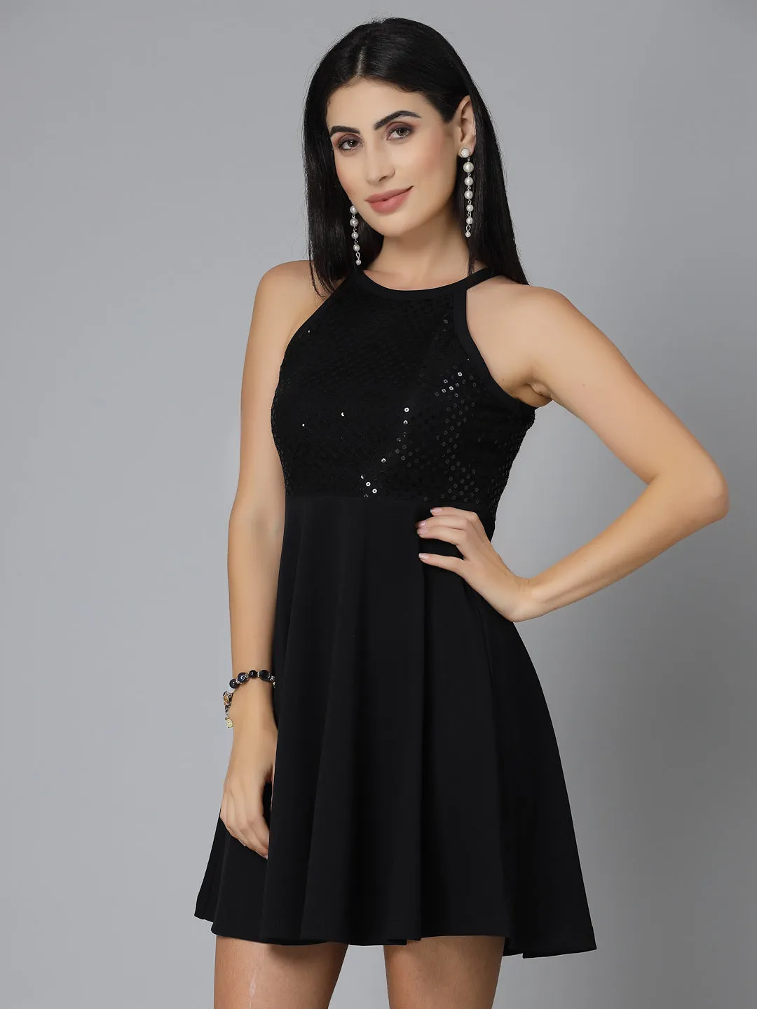 Style Quotient Women Black Embellished Poly Knit Fit And Flare Dress