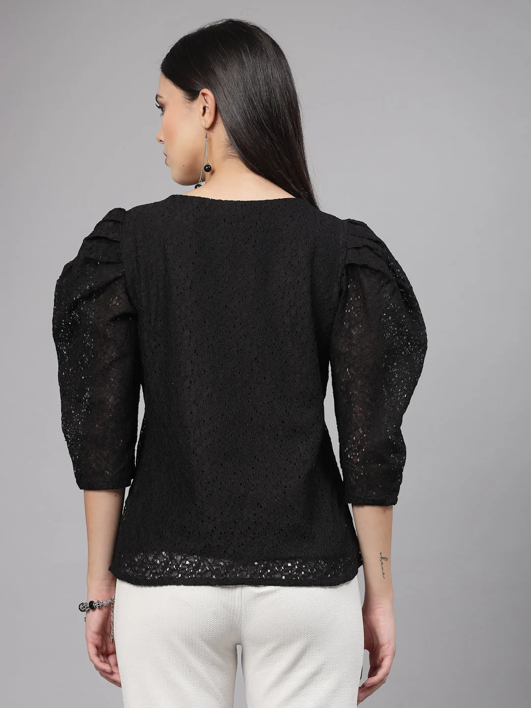 Style Quotient Women Black Self Design Floral Lace Regular Smart Casual Top