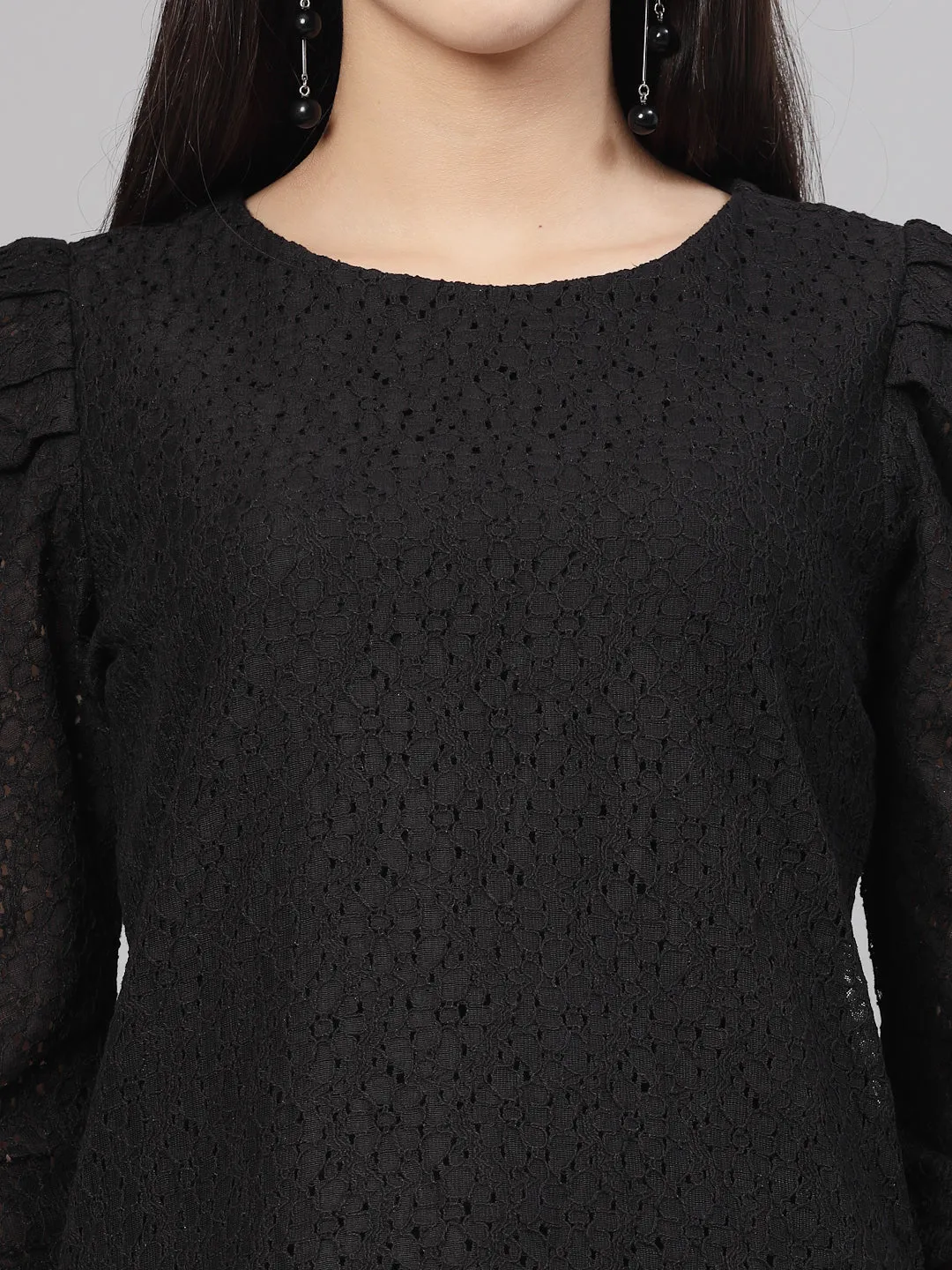 Style Quotient Women Black Self Design Floral Lace Regular Smart Casual Top