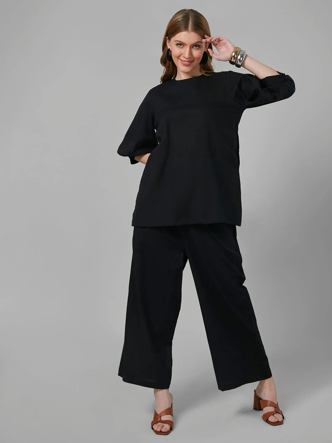 Style Quotient Women Black Solid Cotton Rich relaxed Fashionable Co-ord set