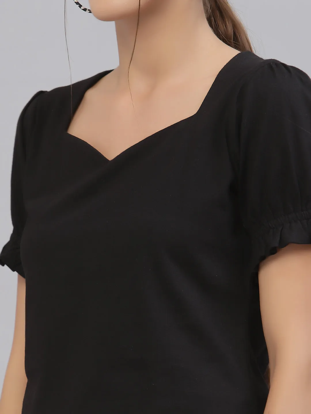 Style Quotient Women Black Solid Pure Cotton Sweetheart Neck Top