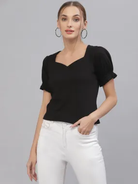 Style Quotient Women Black Solid Pure Cotton Sweetheart Neck Top