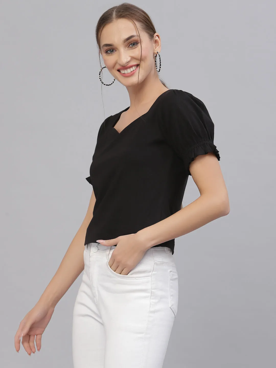 Style Quotient Women Black Solid Pure Cotton Sweetheart Neck Top