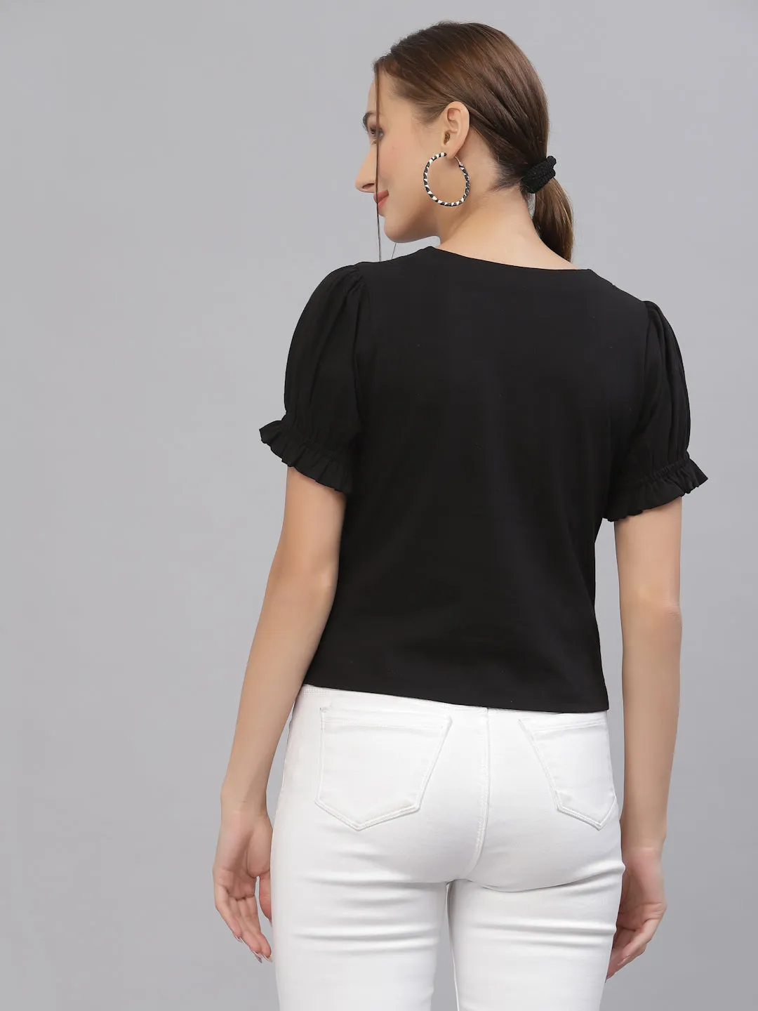 Style Quotient Women Black Solid Pure Cotton Sweetheart Neck Top