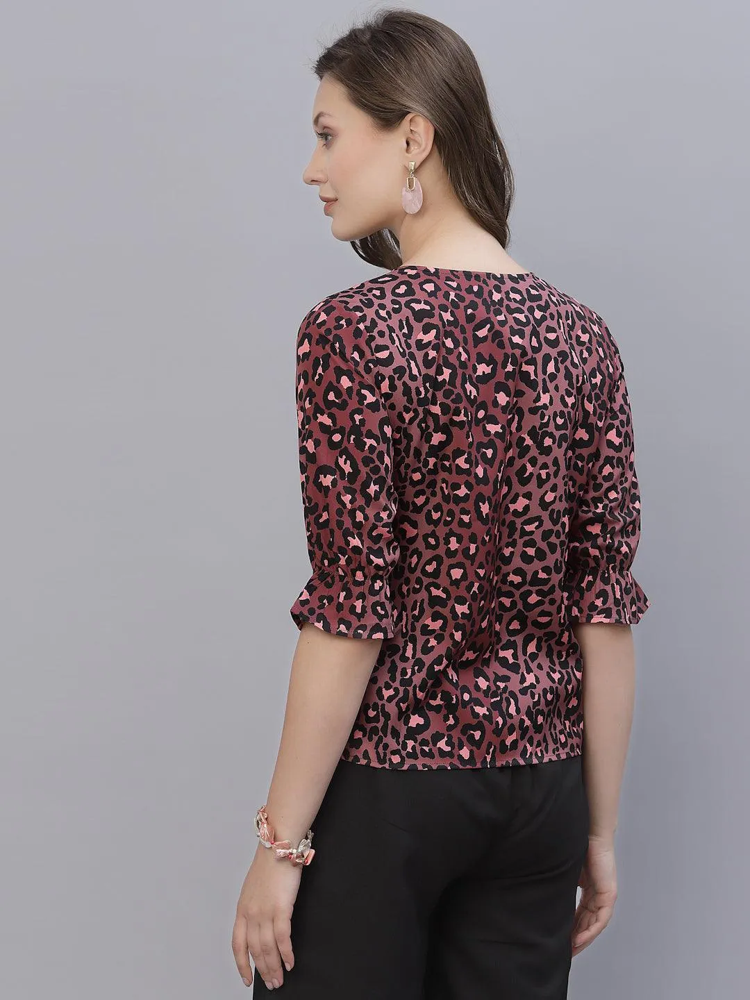 Style Quotient Women Brown and Black Animal Printed Polyester Smart Casual Top