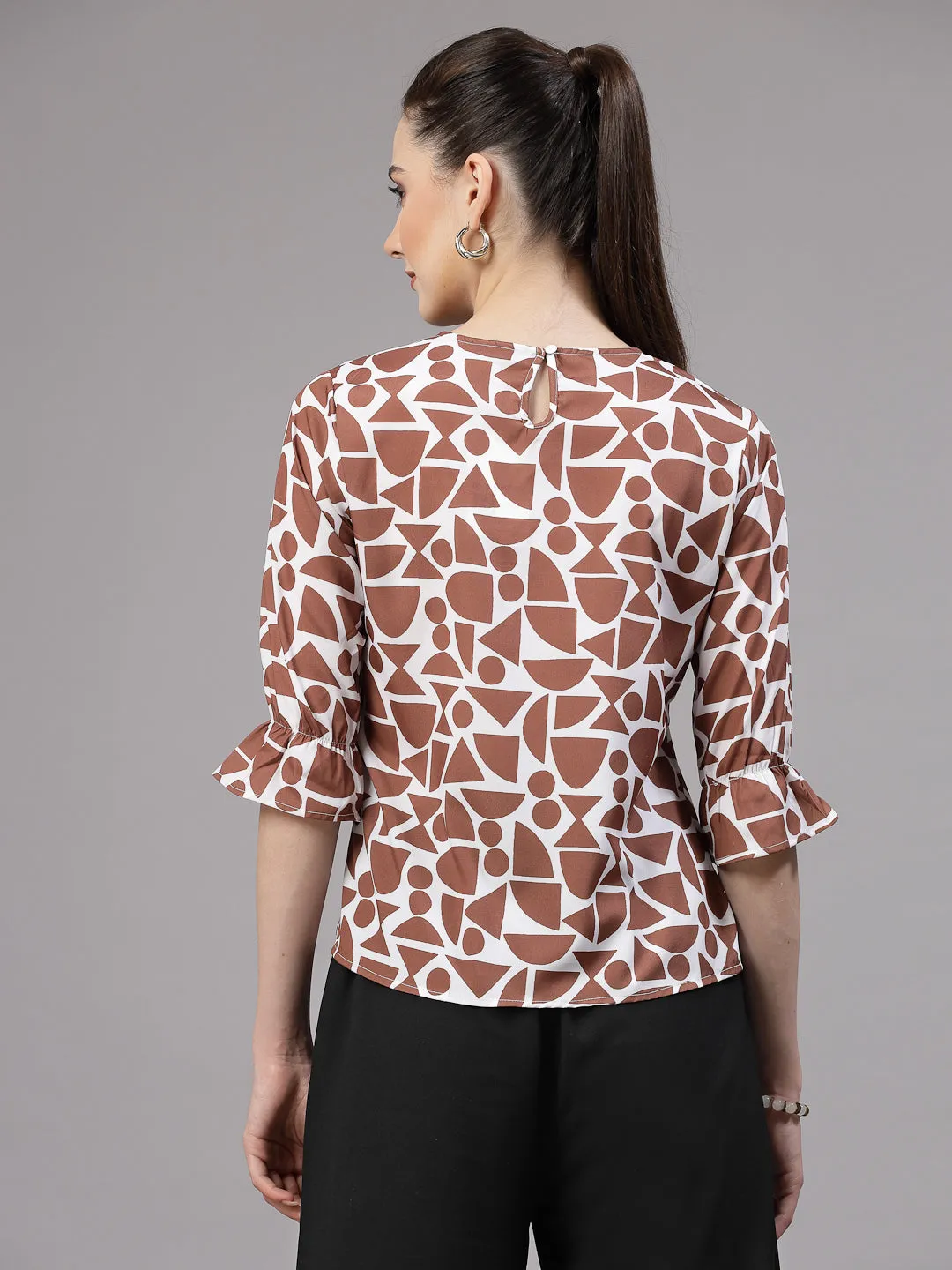 Style Quotient Women Brown and White Geometric Printed Smart Casual Top