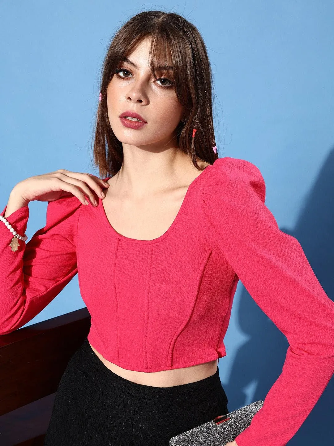 Style Quotient Women Fuchsia Bishop Sleeves Crop Top