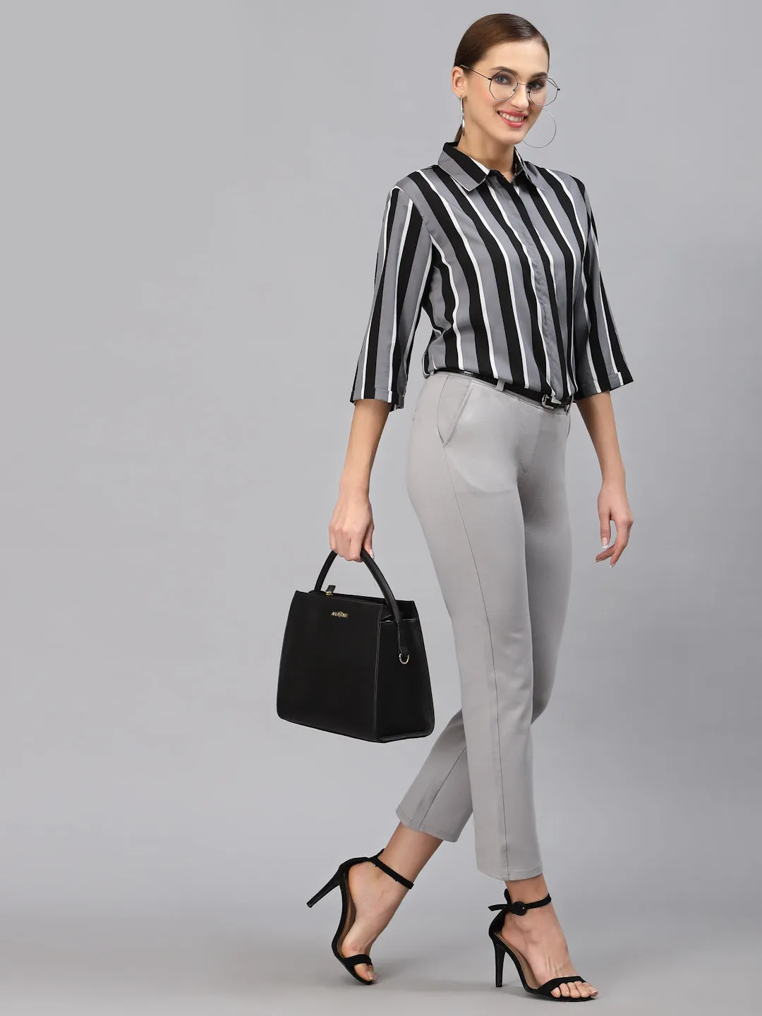 Style Quotient Women Grey and Multi Stripe Polymoss Regular Formal Shirt