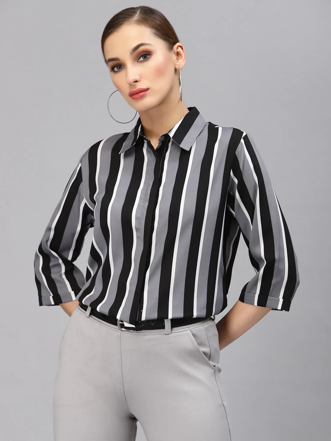 Style Quotient Women Grey and Multi Stripe Polymoss Regular Formal Shirt