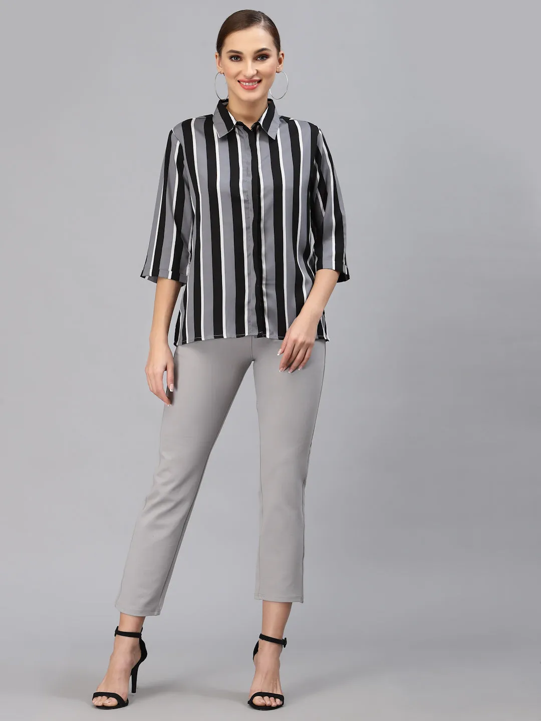 Style Quotient Women Grey and Multi Stripe Polymoss Regular Formal Shirt