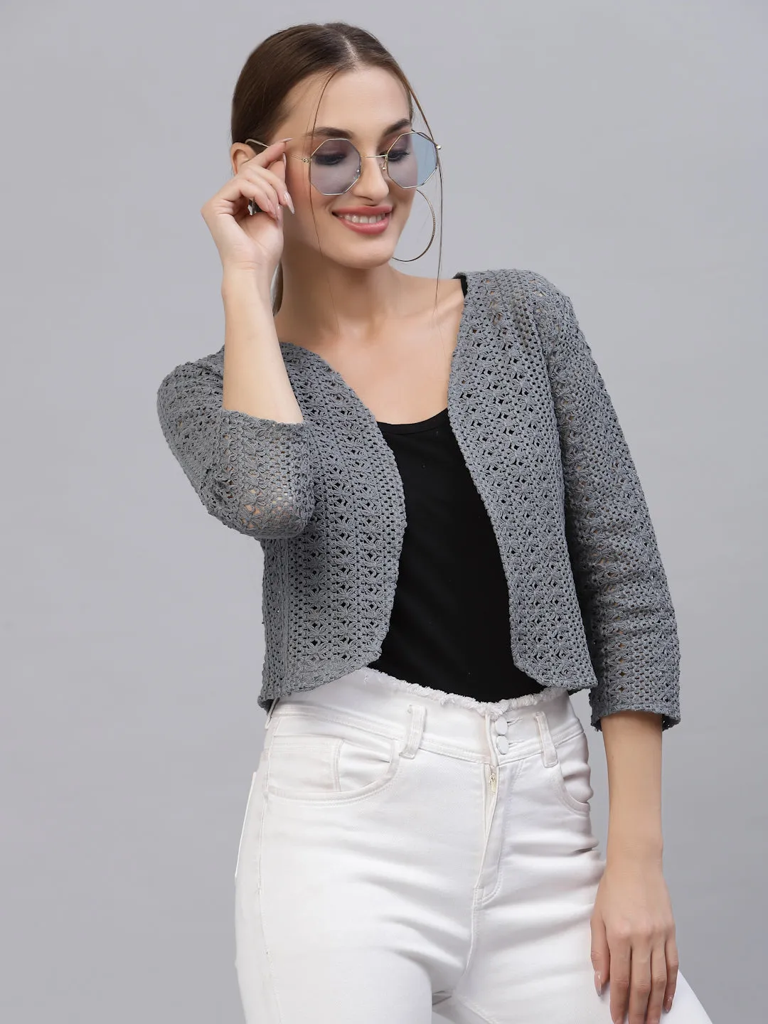 Style Quotient Women Grey cotton self design lace crop open front shrug