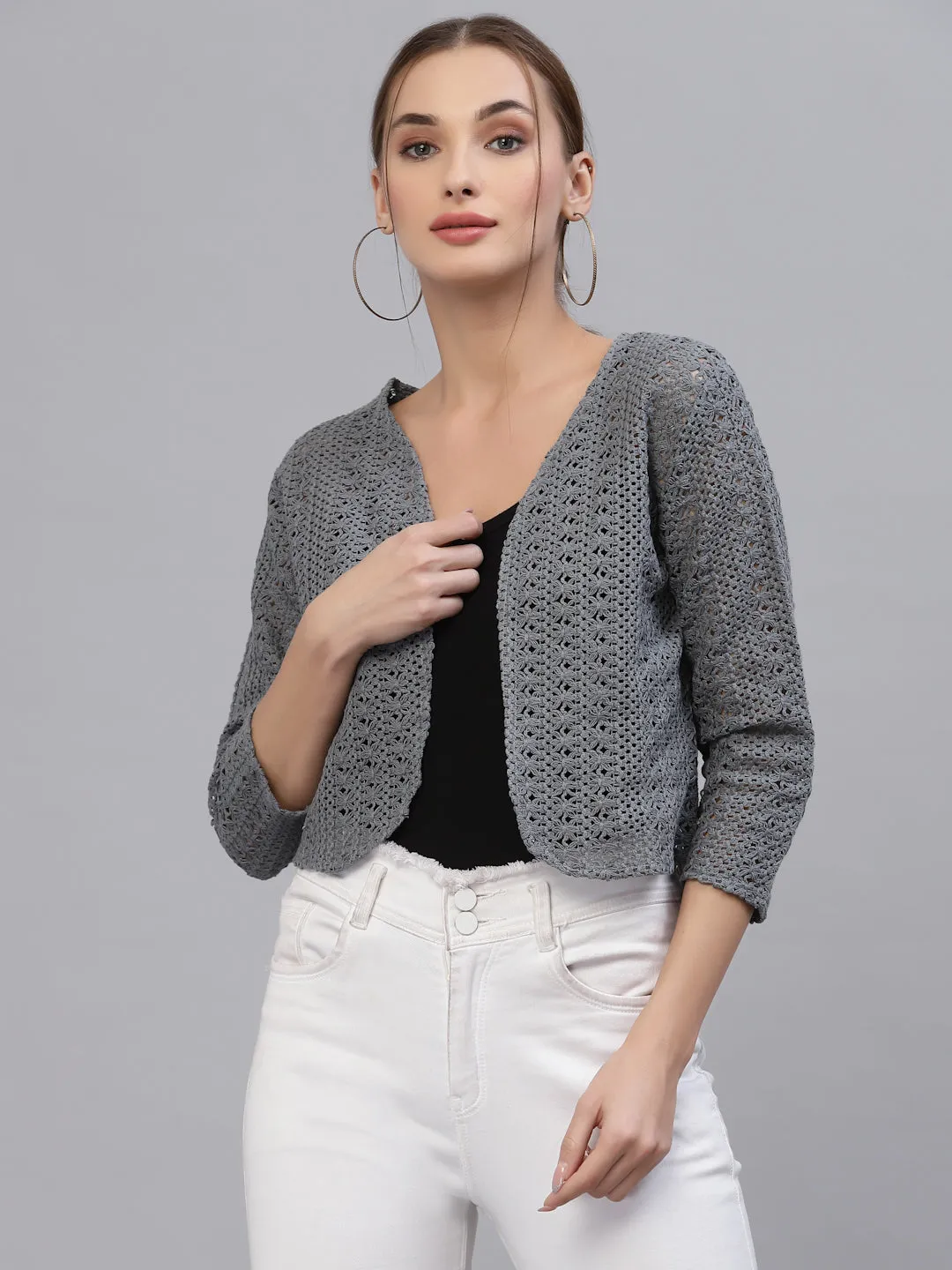 Style Quotient Women Grey cotton self design lace crop open front shrug