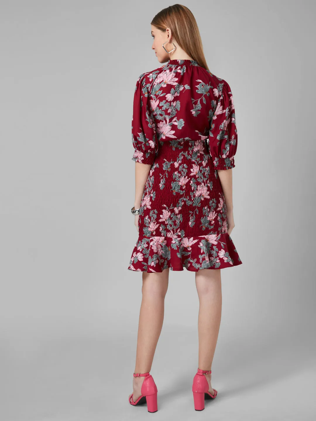 Style Quotient Women Maroon And Multi Floral Printed Polyester Bodycon Smart Casual Dress