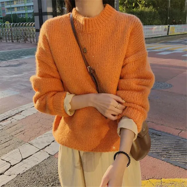 Sweater Women 2020 Autumn Winter Fashion Solid O Neck Pullover