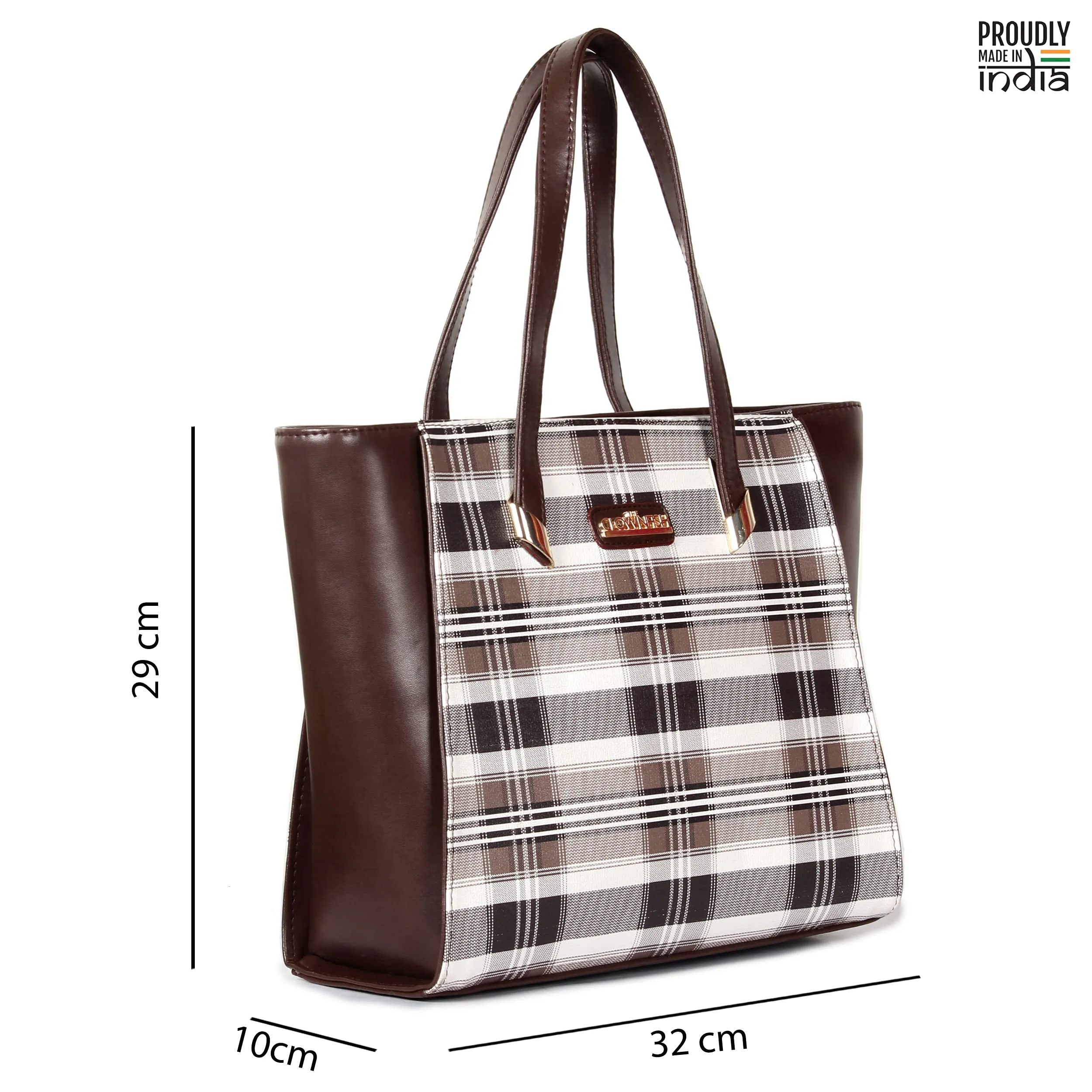 THE CLOWNFISH Agnes Handbag for Women Office Bag Ladies Shoulder Bag Tote For Women College Girls-Checks Design (Dark Brown)