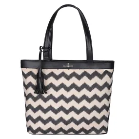 THE CLOWNFISH Casey series 15.6 inch Laptop Bag For Women Printed Handicraft Fabric & Faux Leather Office Bag Tote Bag (Black-Wave Design)