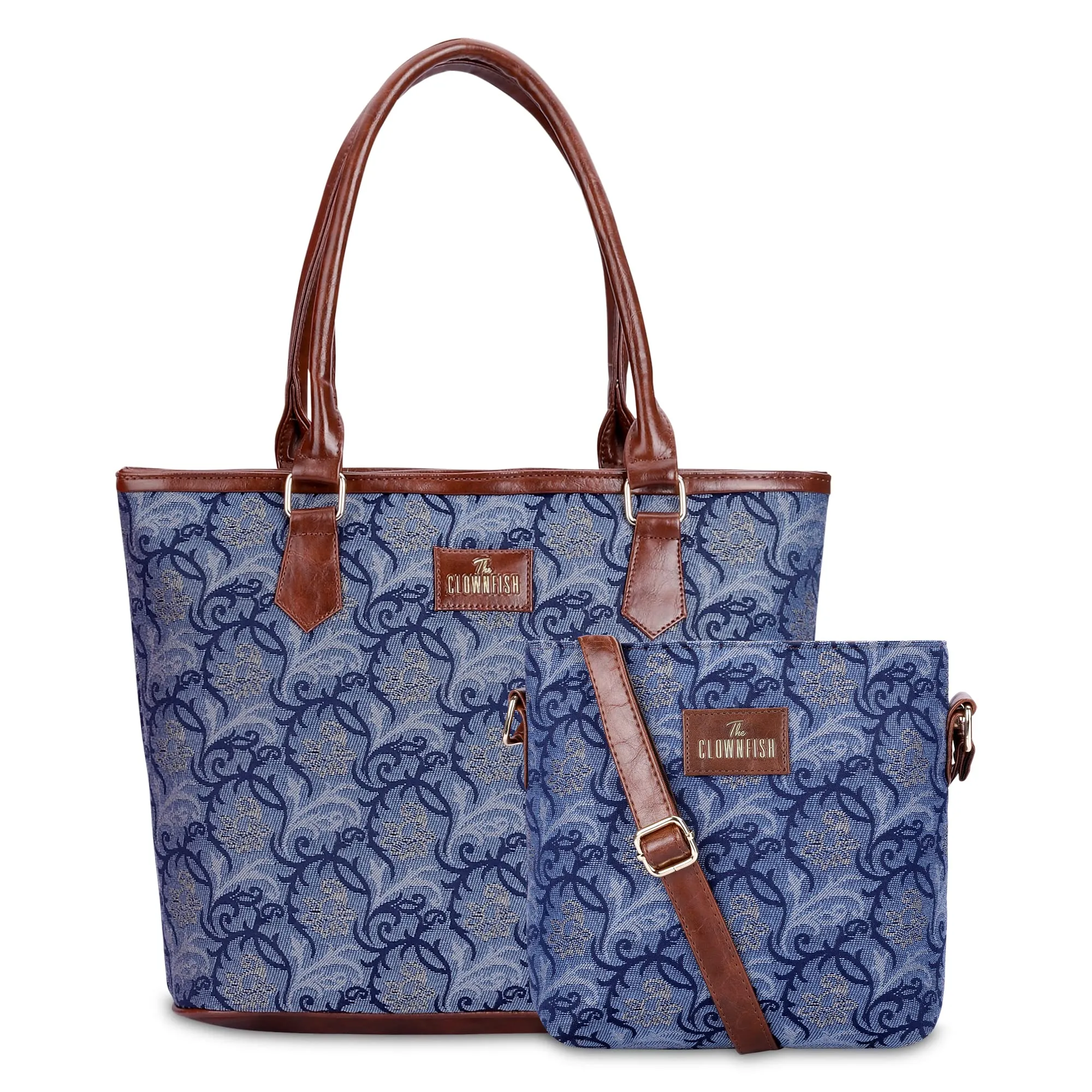 THE CLOWNFISH Combo Of Linda Sling for Women Crossbody Bag for College Girls Justina Tapestry Fabric & Faux Leather Handbag for Women (Blue-Floral)