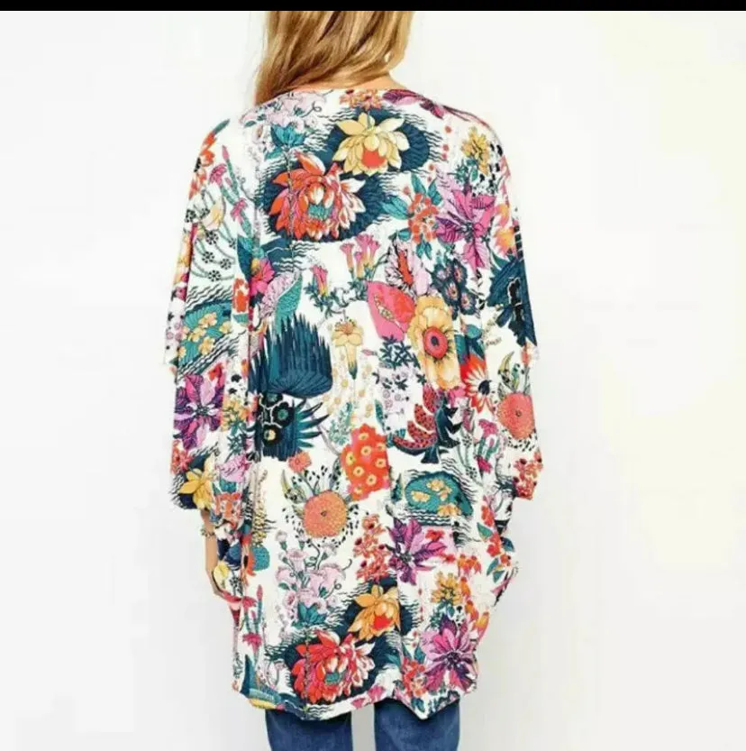 WOMEN FLORAL LOOSE LACE KIMONO BLOUSE