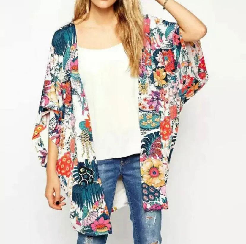 WOMEN FLORAL LOOSE LACE KIMONO BLOUSE